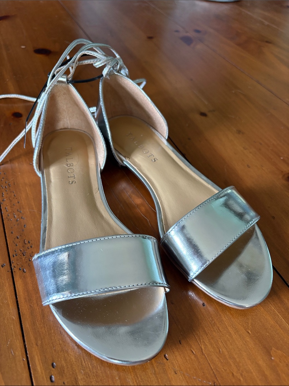 Talbots Metallic Silver Tie-Ankle Flat Sandals size 5 1/2 VGUC